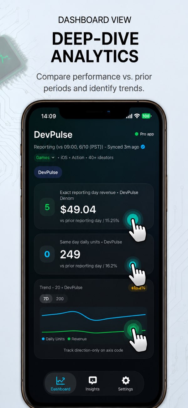 DevPulse 仪表盘显示收入与下载趋势